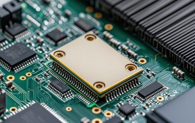 Obraz premium Close-up view of a gold-colored microprocessor chip on a green circuit board. The chip is square with visible pins and is surrounded by other smaller components