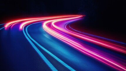 Stunning long exposure photograph capturing a road with vibrant neon blue and neon red light streaks at night