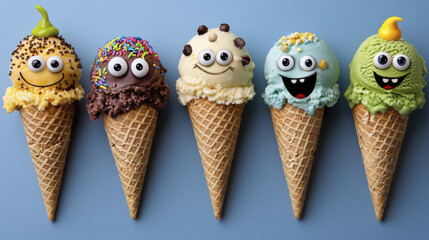 Colorful ice cream cones with playful faces, featuring various flavors and toppings, evoke joy and fun