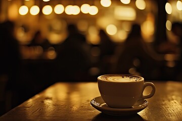 Warm latte in a cafe at night
