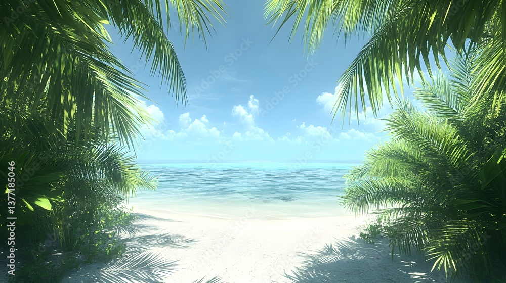 Poster captivating tropical beach scene with palm trees lining the shore and gentle ocean waves lapping at 