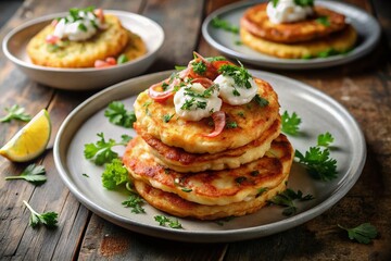Delicious Potato Cakes with Cream Cheese & Shrimp Topping - Overhead Food Photography