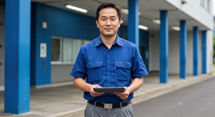 Confident Asian Man in Blue Work Shirt Holding Tablet, Modern Industrial Building Background