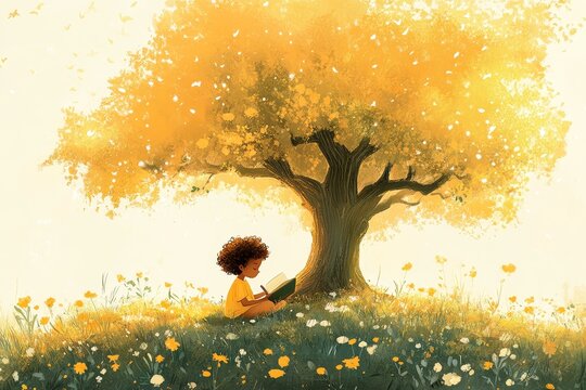 Young african child reading under golden tree on sunny day in blossoming meadow