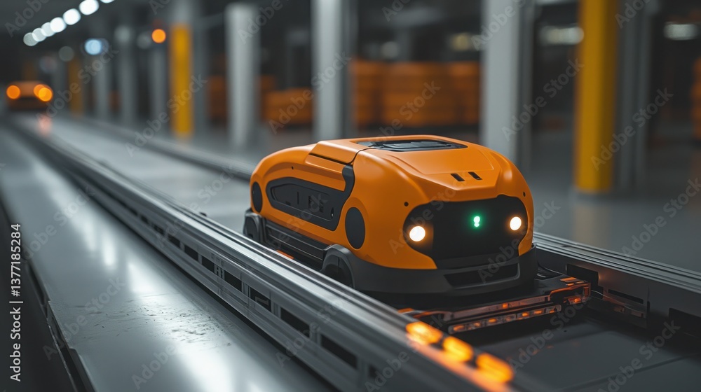 Poster innovative automated vehicle on track in modern industrial warehouse setting with advanced technolog