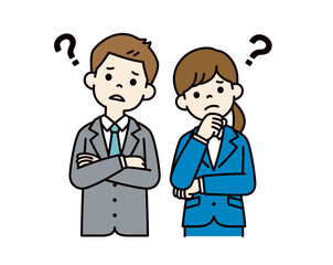 腕を組んで考える、若い男女の会社員のベクターイラスト素材＿＿線の編集可能＿カラー