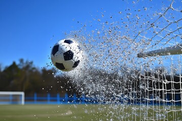 Soccer ball impacting goal net on clear day