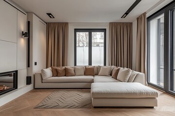 Modern living room with beige sectional sofa, hardwood floors, and large windows.  Warm neutral tones, contemporary style, and cozy fireplace