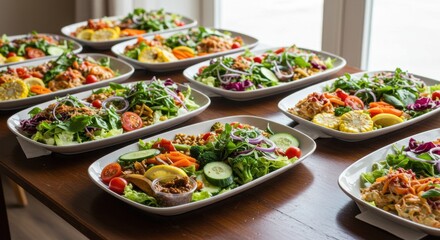 Obraz premium Rows of vibrant Mediterranean-style meal prep plates on wooden table