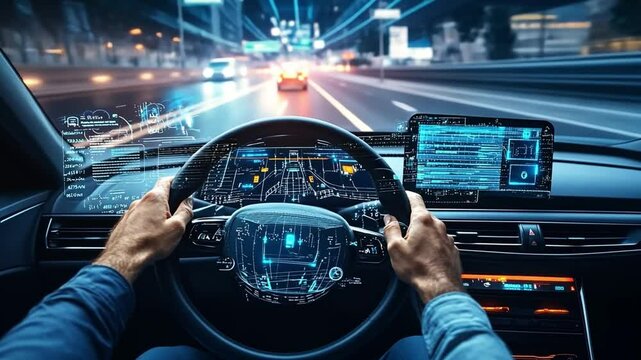 Innovation in Motion: A cutting-edge vehicle interior showcases futuristic automotive technology, with a driver's hands on the steering wheel.