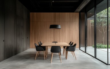 Modern minimalist meeting room interior with dark gray walls, light wood paneling, and a large glass window showcasing an outdoor garden.  A long rectangular table with black chairs is the focal