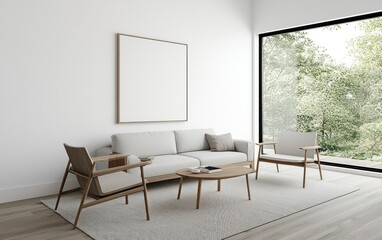 Modern living room interior design with light grey couch, wooden armchairs, and a large window overlooking a lush green garden.  Neutral color palette and minimalist aesthetic. 