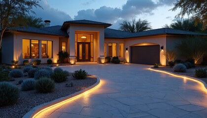 Upscale Arizona home driveway at dusk with LED lights illuminating paved area leading to front door. Modern architecture exterior design, night scene, luxury real estate. New house.