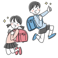 ランドセルを元気よく背負う小学生の男女のイラスト