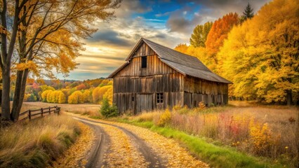 Obraz premium Rustic Wooden Barn on a Winding Country Road Amidst Vibrant Autumn Foliage, a Picturesque Scene of Golden Hues and Serene Countryside Charm