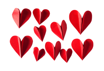 Crafting small red paper hearts isolated on transparent background