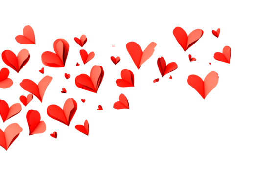 Colorful paper hearts drifting in the air isolated on transparent background