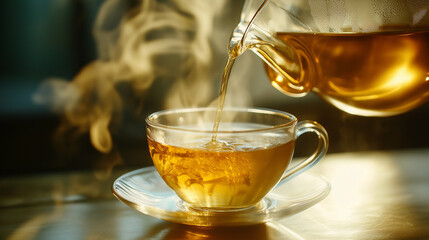 Close-up of herbal tea being poured into a delicate glass cup, steam swirling in soft morning light
