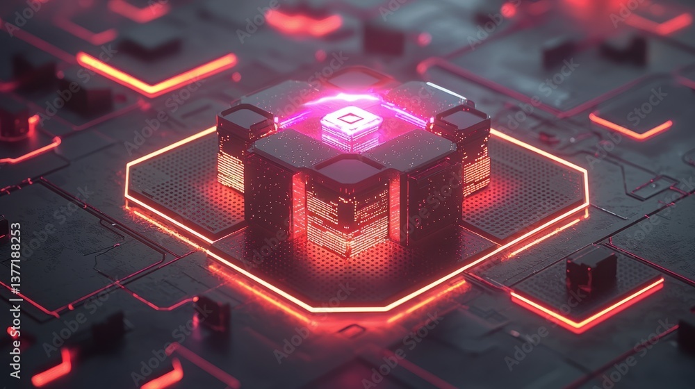 Poster futuristic digital circuitry with neon accents representing advanced computing technology