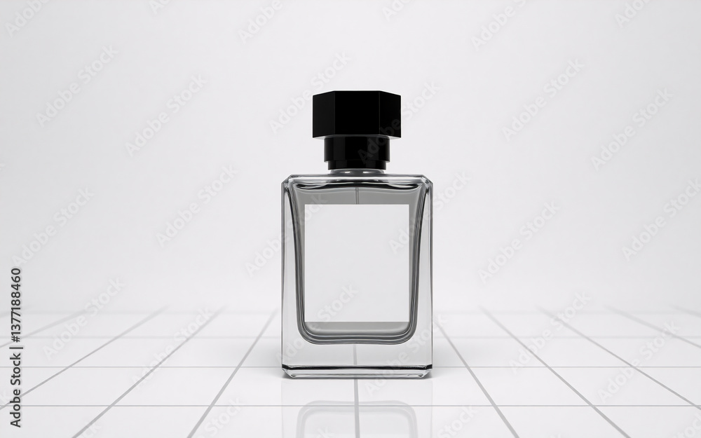 Poster elegant glass bottle with a black cap stands centered on a white grid surface. the bottle is transpa