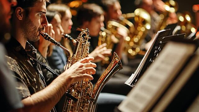 Orchestral Harmony: Capturing a musical experience, a musician playing the saxophone is in the midst of an orchestra performance, focused and lost in the moment.