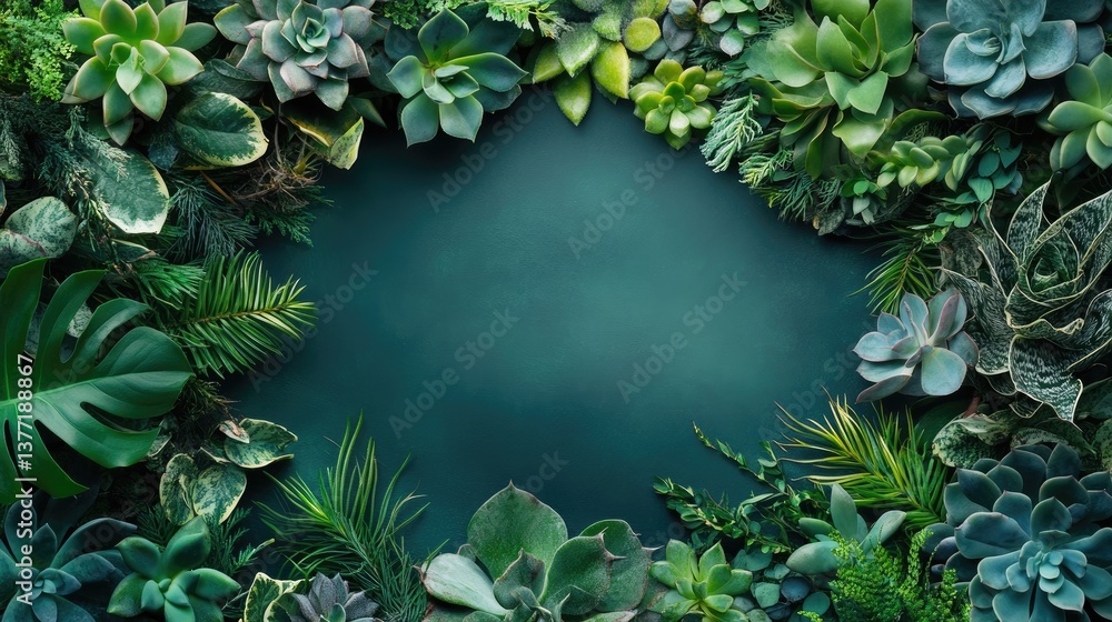 Poster a botanical frame made of various green leaves and succulent plants, creating a nature-inspired bord