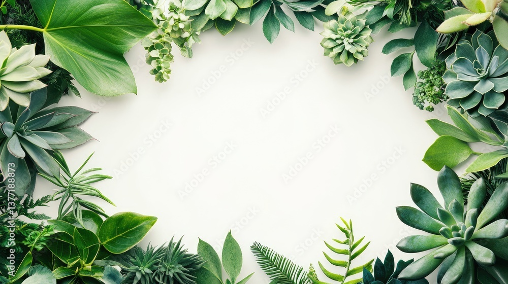 Poster a botanical frame made of various green leaves and succulent plants, creating a nature-inspired bord