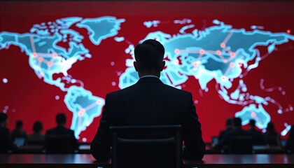 Man in dark suit at meeting with digital world map background. Red connections symbolize global business and international networking. Corporate leadership modern technology visualisation.
