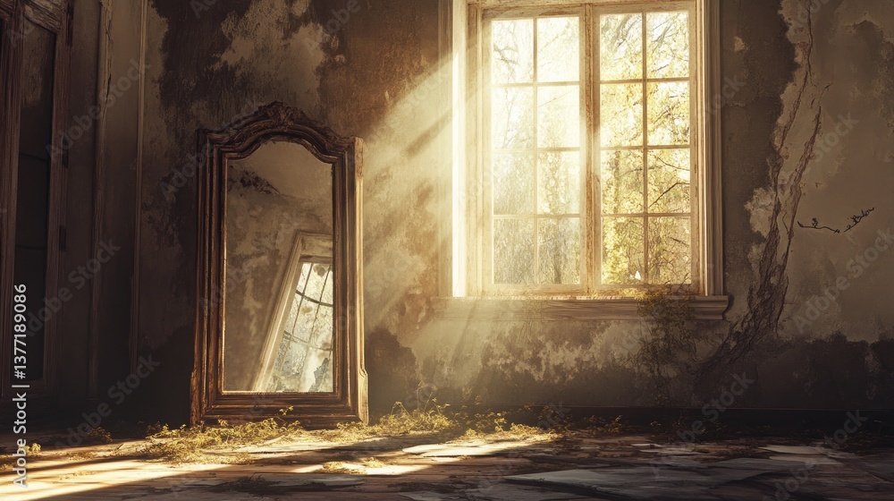 Poster a broken mirror in an abandoned room, with sunlight filtering through a dusty window, creating a hau
