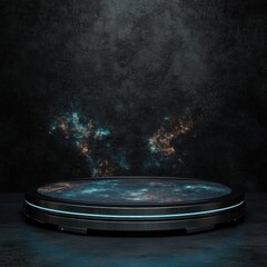 Obraz premium A circular table featuring a glowing surface set in a futuristic space platform with metallic silver accents and design