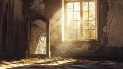 A broken mirror in an abandoned room, with sunlight filtering through a dusty window, creating a haunting, yet beautiful scene of decay.