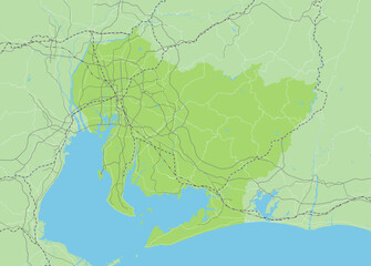 日本の愛知県と隣接する都道府県を含む、シンプルな緑色のロードマップ