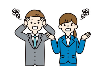 困り顔で頭を抱える、若い男女の会社員のベクターイラスト素材＿＿線の編集可能＿カラー