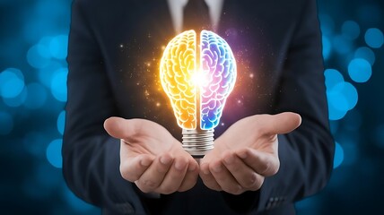 A close-up shot of a businessman’s hands holding a virtual lightbulb that is split in half, revealing a glowing brain inside. The lightbulb represents ideas and innovation
