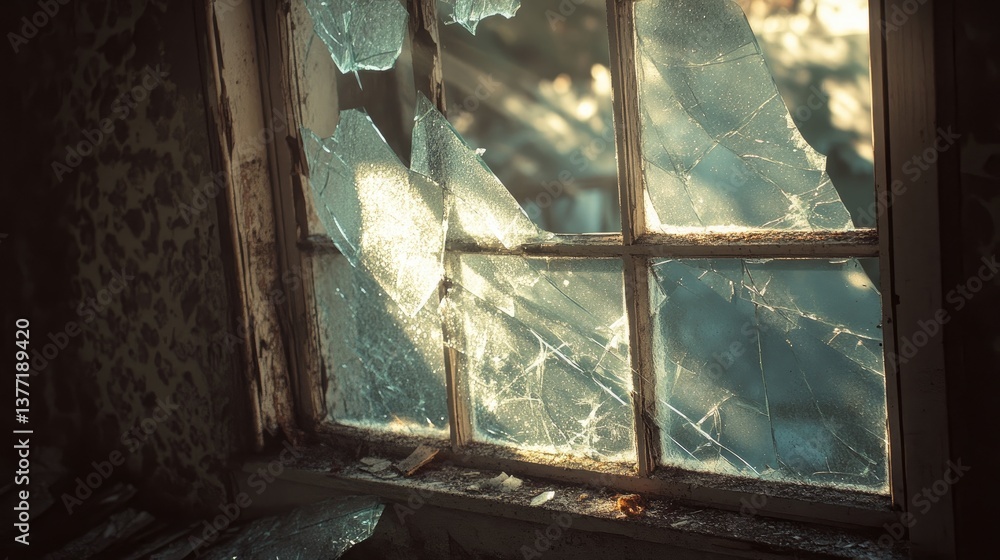 Poster A broken window with shattered glass, sunlight streaming through the cracks, casting dramatic light effects on the surrounding space, creating a powerful visual.