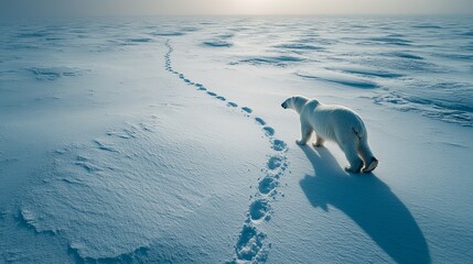 Fototapeta premium Polar bear walking in arctic snow with footprints leading into distance
