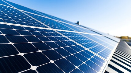 A close-up shot of a solar panel installed on a rooftop, with the sunlight reflecting off the photovoltaic cells. The solar panel symbolizes the transition to sustainable resources