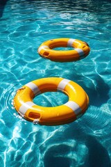Two bright yellow life rings floating in a pool reflecting sunlight and safety for swimmers on a clear, calm day