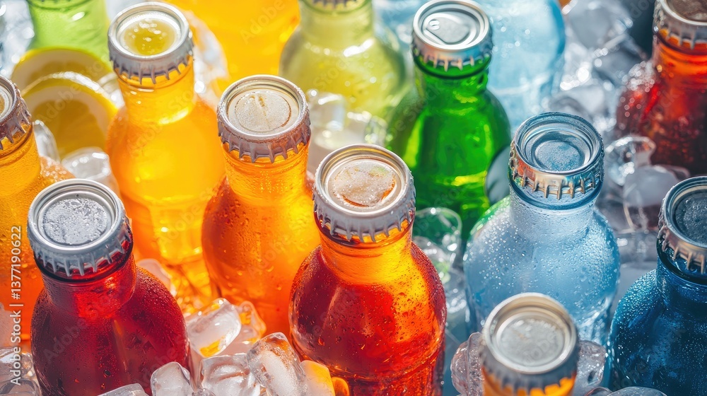 Poster a chilled collection of vibrant glass bottles and cans of fizzy beverages like cola and lemon-lime s