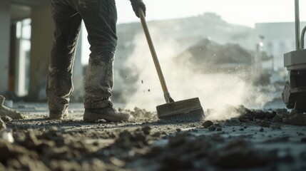 A construction worker cleaning up debris after construction work. Featuring diligence and responsibility