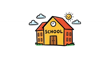 Drawing of a Cheerful School Building with Sun and Clouds