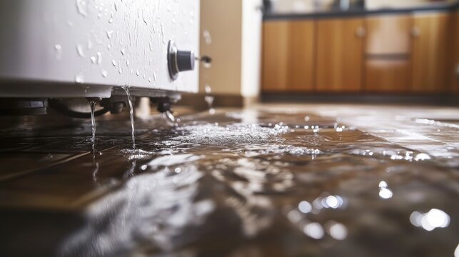 A close-up of water leaking from a broken heater, with visible water damage on the floor and surrounding plumbing issues