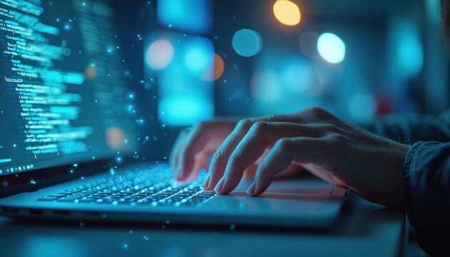 Hands typing on laptop keyboard. Programmer codes or businessman works late in office. Technology, cyberspace, computer, notebook, double exposure of financial chart in background. - Powered by Adobe