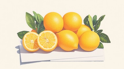 Still Life of Ripe Oranges and Lemons with Leaves on White Background