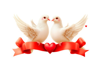 Obraz premium White doves love symbol with ribbon and heart isolated on transparent background