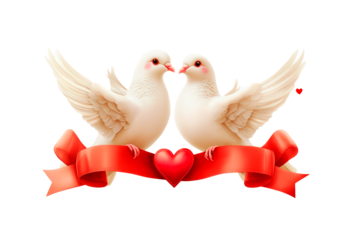 White doves love symbol with ribbon and heart isolated on transparent background