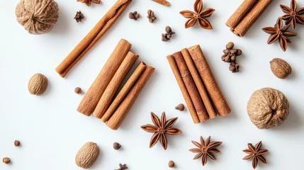 A collection of cinnamon sticks, nutmeg, and star anise on a light background, offering a warm and inviting aesthetic that inspires culinary creativity. © Natchooda