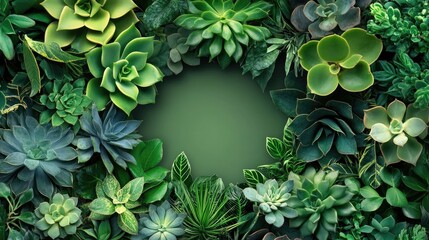 A collection of green leaves and succulent plants framing a blank space in the center, evoking a fresh and natural design aesthetic.