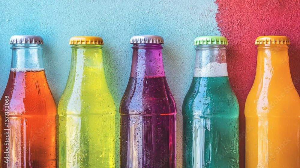 Poster a colorful assortment of chilled glass bottles and cans of fizzy beverages like cola and lemon-lime 