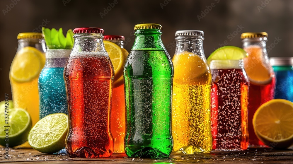 Poster a colorful assortment of chilled glass bottles and cans of fizzy beverages like cola and lemon-lime 